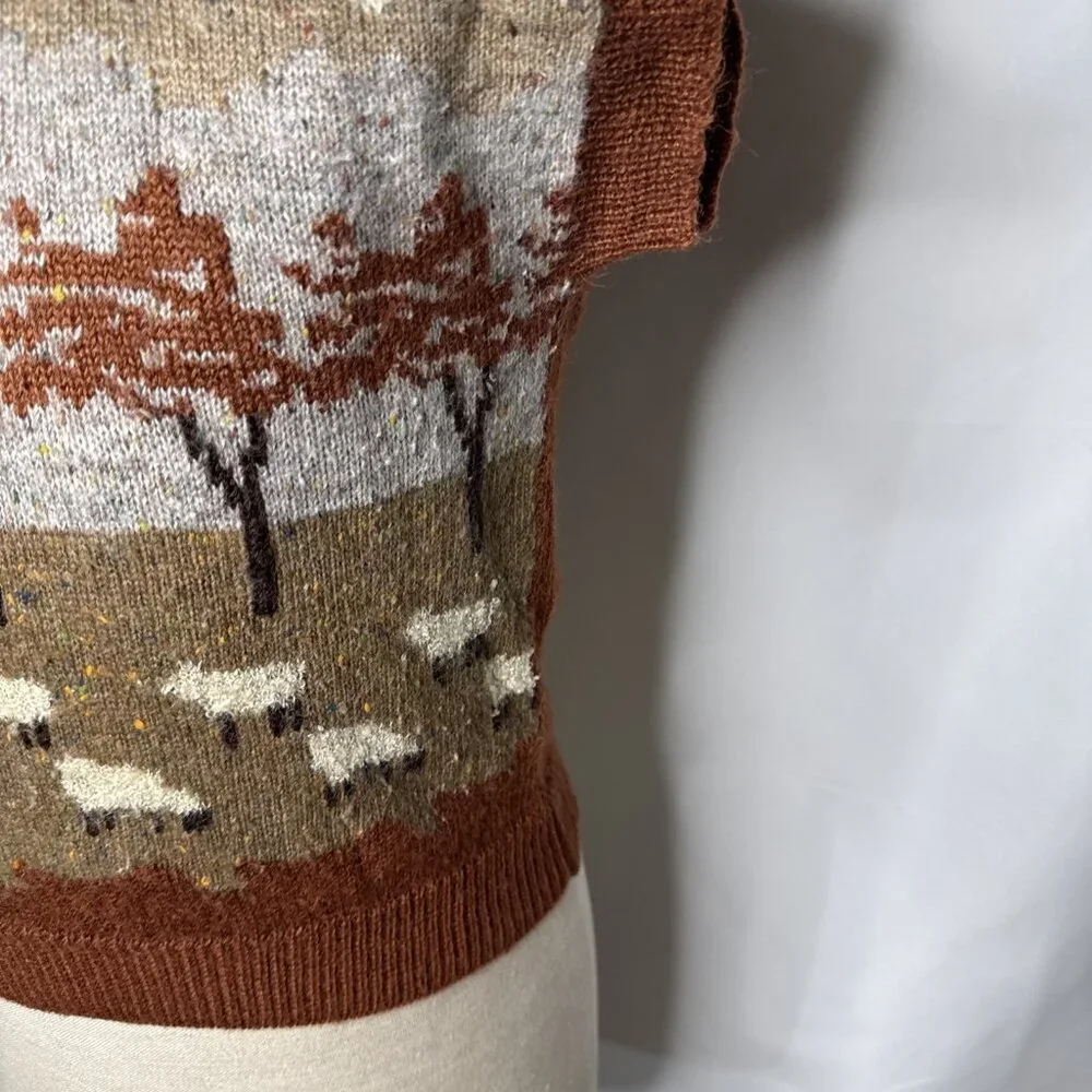 Vintage Sheep Wool Sweater Vest Sz L Brown Trees Grannycore Grandma Cottagecore - Picture 4 of 7